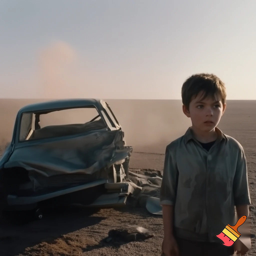 Draw me a photo of a little boy that is lost from a car crash in the middle of nowhere 