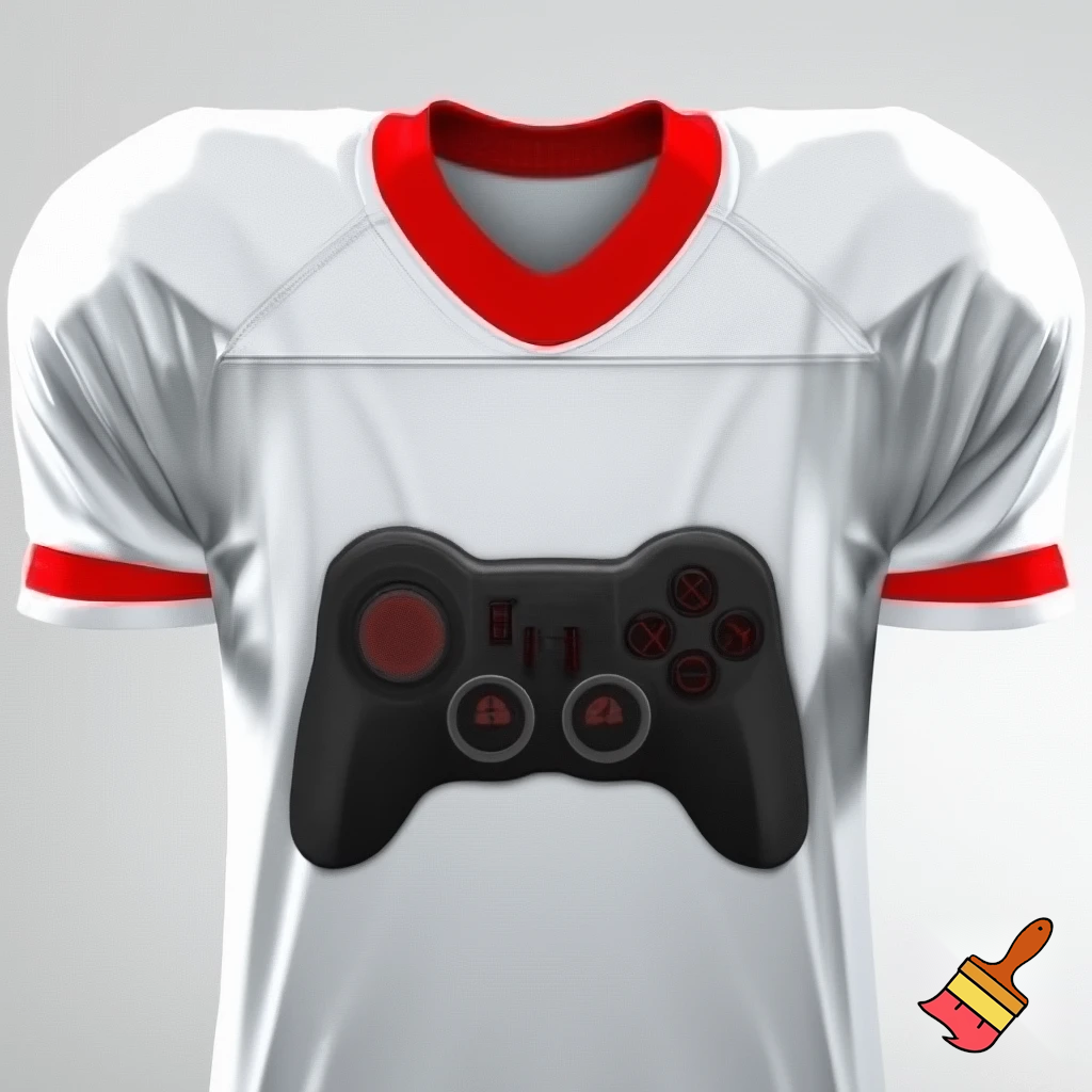 Una maglia da calcio bianca con dettagli rossi come il colletto e al centro dipinto un controller nero con Dettagli rossi