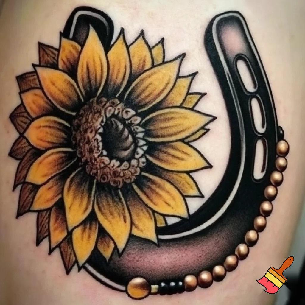 Tattoo with horseshoe, sunflower and Prayer beads 