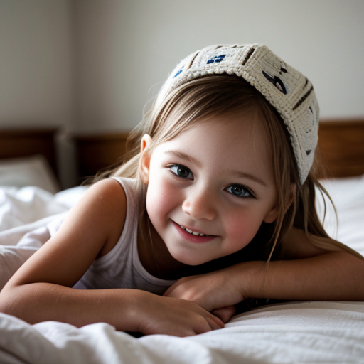 auburn little girl, sitting on bed, on the bedroom, close up