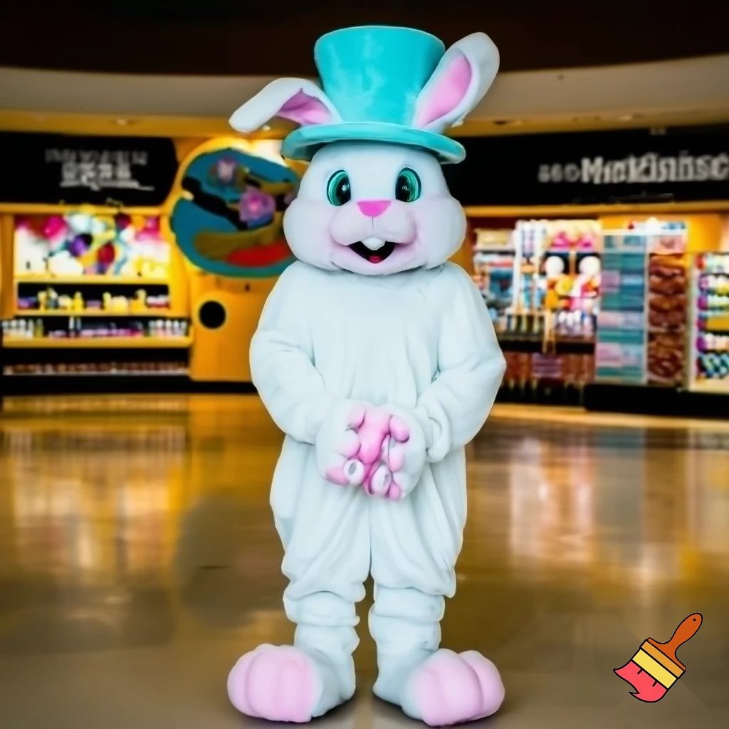 Easter bunny mascot top hat at the shopping centre mascot costume Darrell Lea magic room