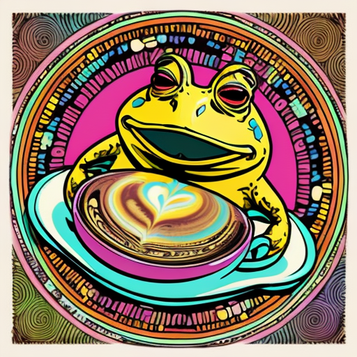 A hillarious, funny boho toad with some hippie colored coffee cups. Psychedelic decorated background.