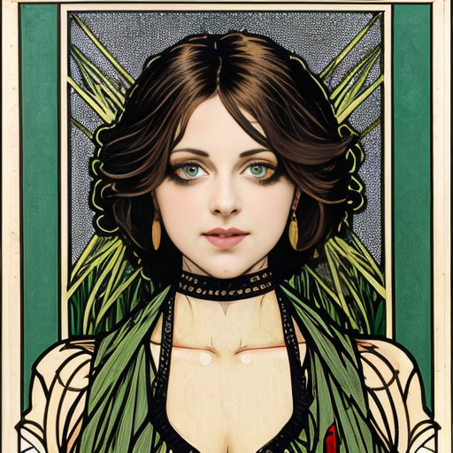 40 year old attractive olive skinned woman with the legs of a deer with hooves instead of human legs, yellow eye color with horizontal rectangular pupils,black mascara, green slightly sheer dress, forest setting mucha art style