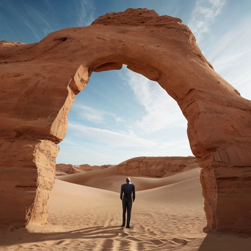 Put abstract figures in the center part of an arch in a desert landscape in Tanguy style