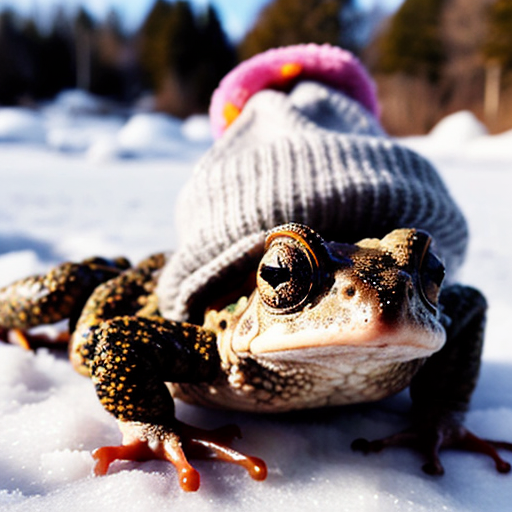 A laughable, puzzled animal toad in woolen, multicoloured winter clothings with woolen winter cap. Hyperrealistic art style.