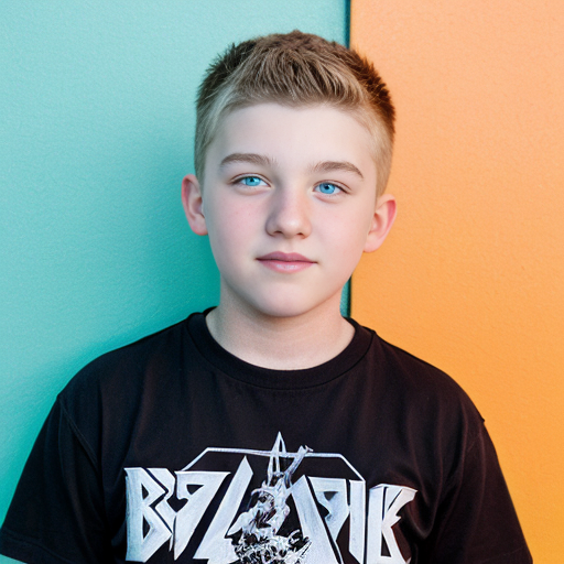 generate a teenage boy named noah dier, slightly chubby, close set blue eyes, big round nose, dark brown buzz with bald sides, wearing a metallica shirt and blue jeans, with an orange background
