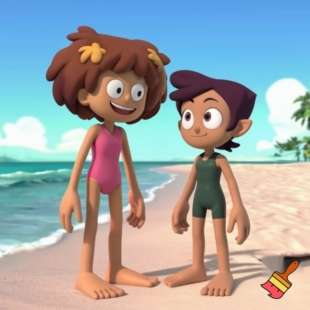 Anne boochuy from disney's amphibia wearing pink one piece swimsuit and luz noceda from disney's the owl house wearing dark green one piece swimsuit on the beach being barefoot in 3D 