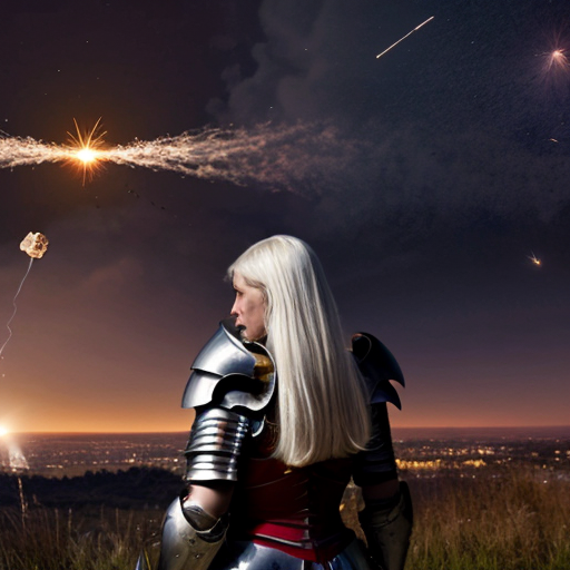 young white-haired woman in armor watches as meteorites fall on her castle