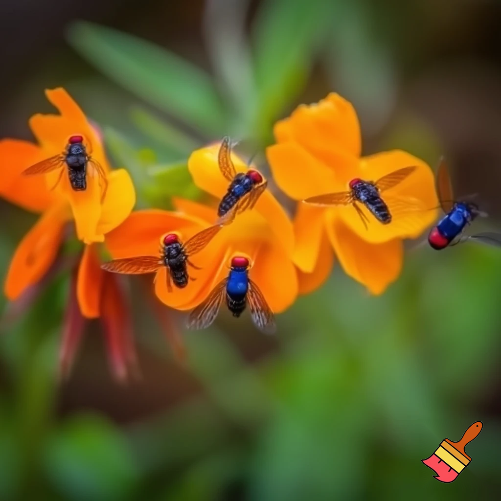 flowers with dragon flies and raindrops