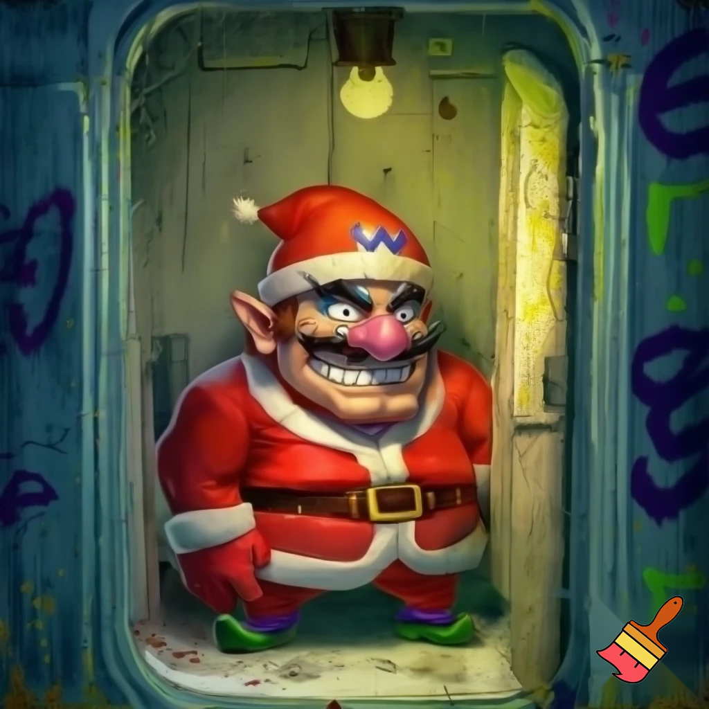 Wario in a Santa suit inside a portable toilet