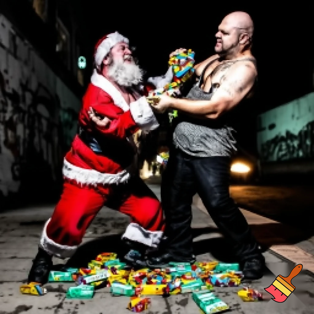 Santa and a bald man fighting over nerds the candy
