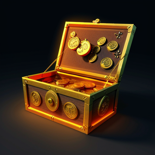 cartoon 3D magical treasure chest, glowing runes, enchanted locks, overflowing enchanted coins and cards, colorful magical aura, fantasy game asset, front view, transparent background