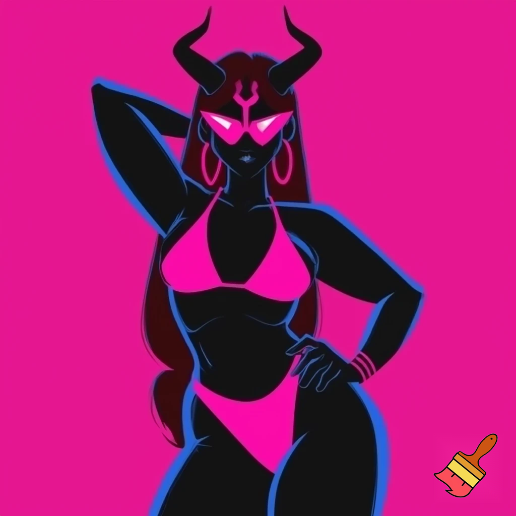 The image is a stylized illustration featuring a dark-skinned, possibly demonic or horned character, posing confidently against a vibrant hot pink background. The character has long, flowing dark hair and prominent horns that curve upwards from their head. Their eyes are obscured by a pair of sleek, triangular hot pink sunglasses.
They are depicted wearing a minimal hot pink bikini, consisting of a triangle top and a high-cut thong bottom. A distinctive symbol, resembling a trident or a stylized "psi" symbol, is visible on their forehead, also in hot pink. The character is adorned with large hoop earrings and a bracelet on their left wrist, all in matching hot pink.
Their body language suggests confidence, with one arm raised and bent behind their head, and the other hand resting on their hip. The overall style is bold and graphic, using strong outlines and a limited color palette of black and hot pink, creating a high-contrast and striking visual.
