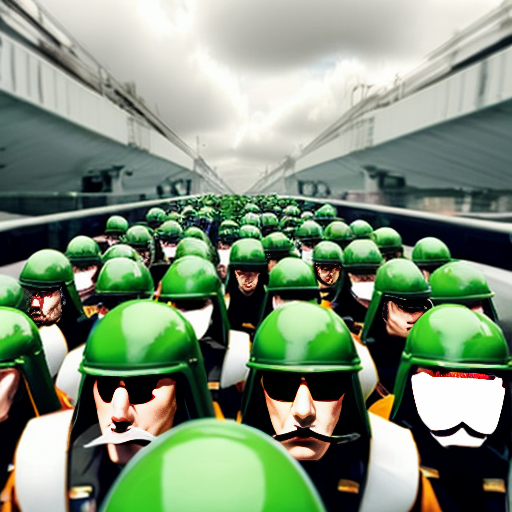 a mob of clone generals green helmets with front facing 4 golden stars on the brims unkempt white eye brows large white western mustaches multiple floating cloud shaped numbers 6 on the left of each clone multiple floating cloud shaped numbers 7 on the right of each clone advocating for safe driving practices with confetti