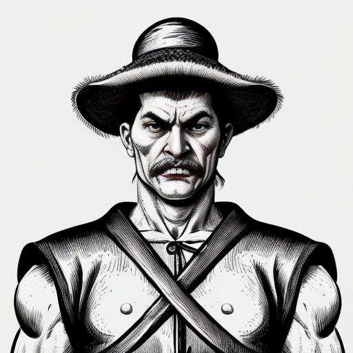 Illustration of a muleteer (arriero) from Don Quixote.
Rough man, strong, angry expression.
Simple rural clothes, muscular arms.
17th century Spain.
Classic illustration style, dramatic but educational.
White background for infographic.

