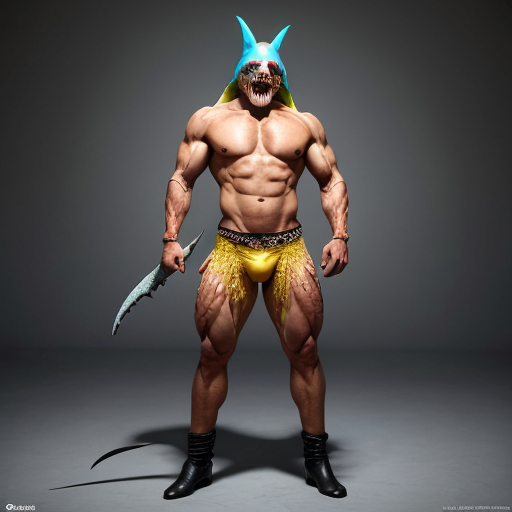 peux tu générer un homme requin humanoide  qui porte un costume jaune abimé. Ses bras protent  des ailerons de requins. Il est musclé et à l'air méchant. Il porte un chapka russe sur la tête. représente le de plein pied et insiste sur son côté requin terrifiant.