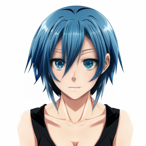 Simple anime. Female. Blue hair. Blue eyes. Head shot.