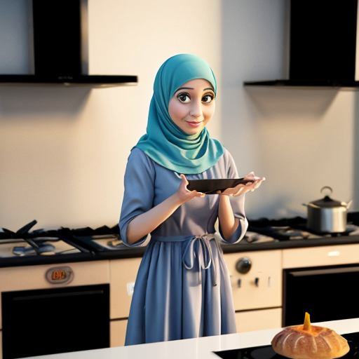 Pixar-style 3D cartoon character, standing at the stove, cooking gesture, exaggerated cartoon features, big expressive eyes, Muslim woman 35-40 years old, fully covered in wide light blue dress, headscarf covering all hair, modest appearance, gray background, consistent character, simple cartoon style, cinematic lighting