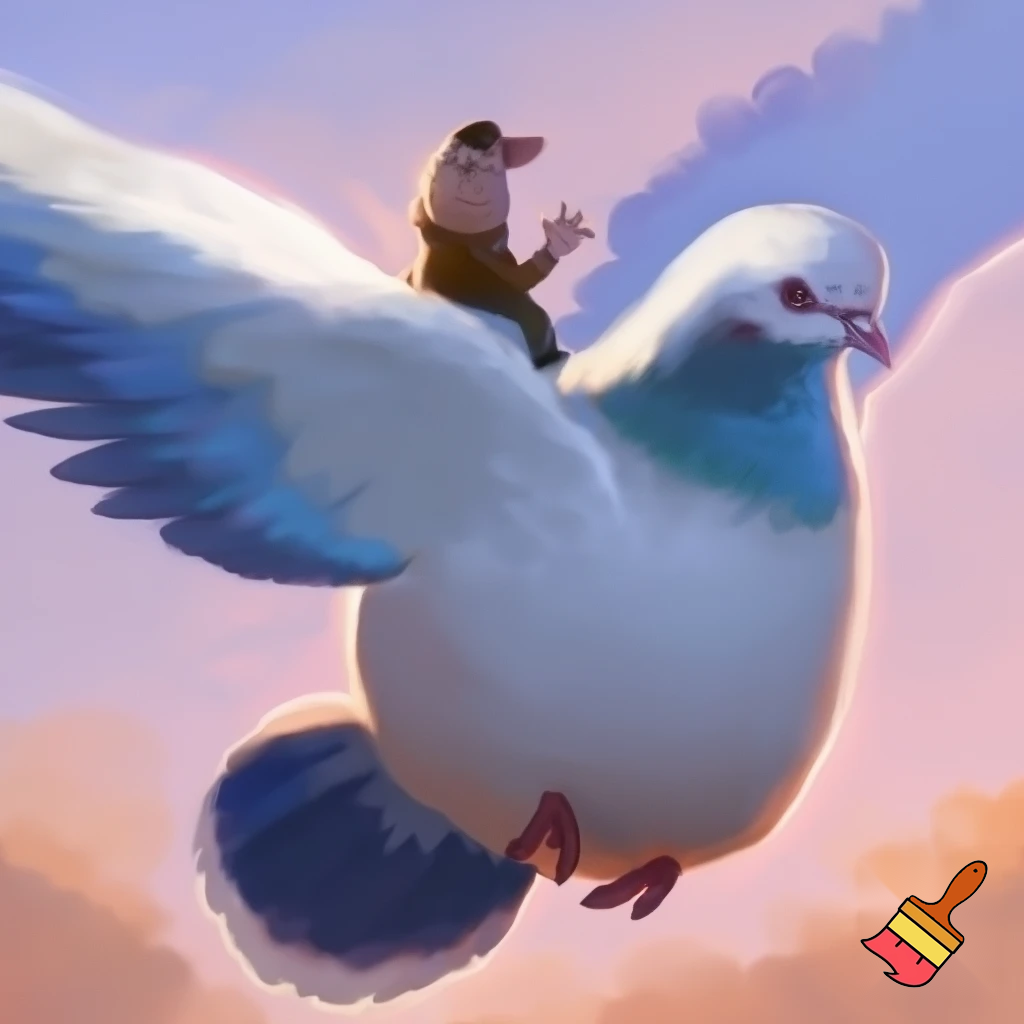 un fantino a cavalcioni di un enorme piccione bianco e blu