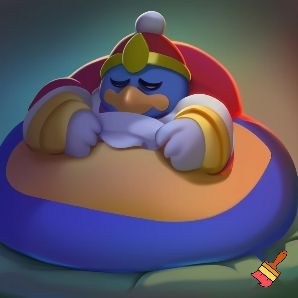 King dedede with both hands on bloated belly sitting on a bean bag Looking down  at his belly with a sad face