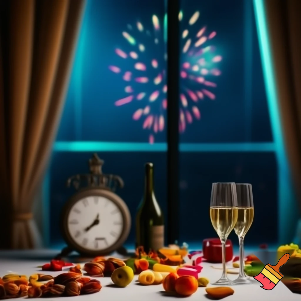 on the table a white tablecloth, two glasses of champagne, a bottle, hanging colorful paper streamers, snacks and fruit, next to it there is an old clock with numbers, the hands of the clock are at 12 o'clock, in the background there is a window with curtain and fireworks outside the window