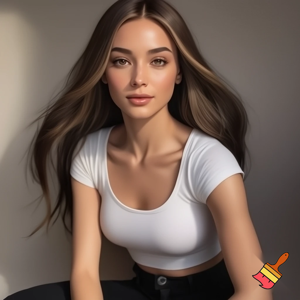 Photorealistic portrait of a blonde woman, approximately 22 years old, with long legs and athletic figure. She has long, naturally flowing dark blonde hair, oval face, almond-shaped haselnut brown eyes, average eye spacing, slim straight nose, naturally full lips, soft facial features, harmonious proportion, big boobies and delicate, harmonious facial features. Her overall presence is confident, natural, and modern.  Natural daylight. white croptop, black jeans.