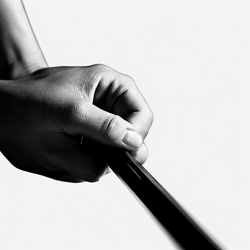 Minimalist black and white editorial illustration on white background. Stylized outline of a hand gripping a billiard cue, drawn with clean, thin, high‑contrast lines. The fingers wrap around the cue with essential geometry, no shading, no textures, no anatomical details. The cue is represented as a simple straight line with minimal accents. No background elements, no table, no environment. Pure, essential depiction of the billiard grip reduced to its structural gesture.
