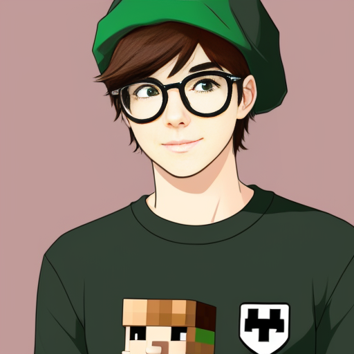  anime teenage boy with a green hat with a minecraft tnt design on it, green eyes, black glasses and a green jumper