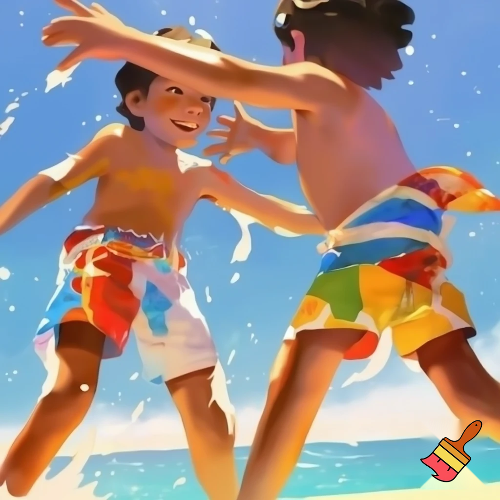 A cheerful 12-year-old teenage sister wears the same boys' swimsuit as her equally cheerful and amused 13-year-old teenage brother, and they both play in it together.