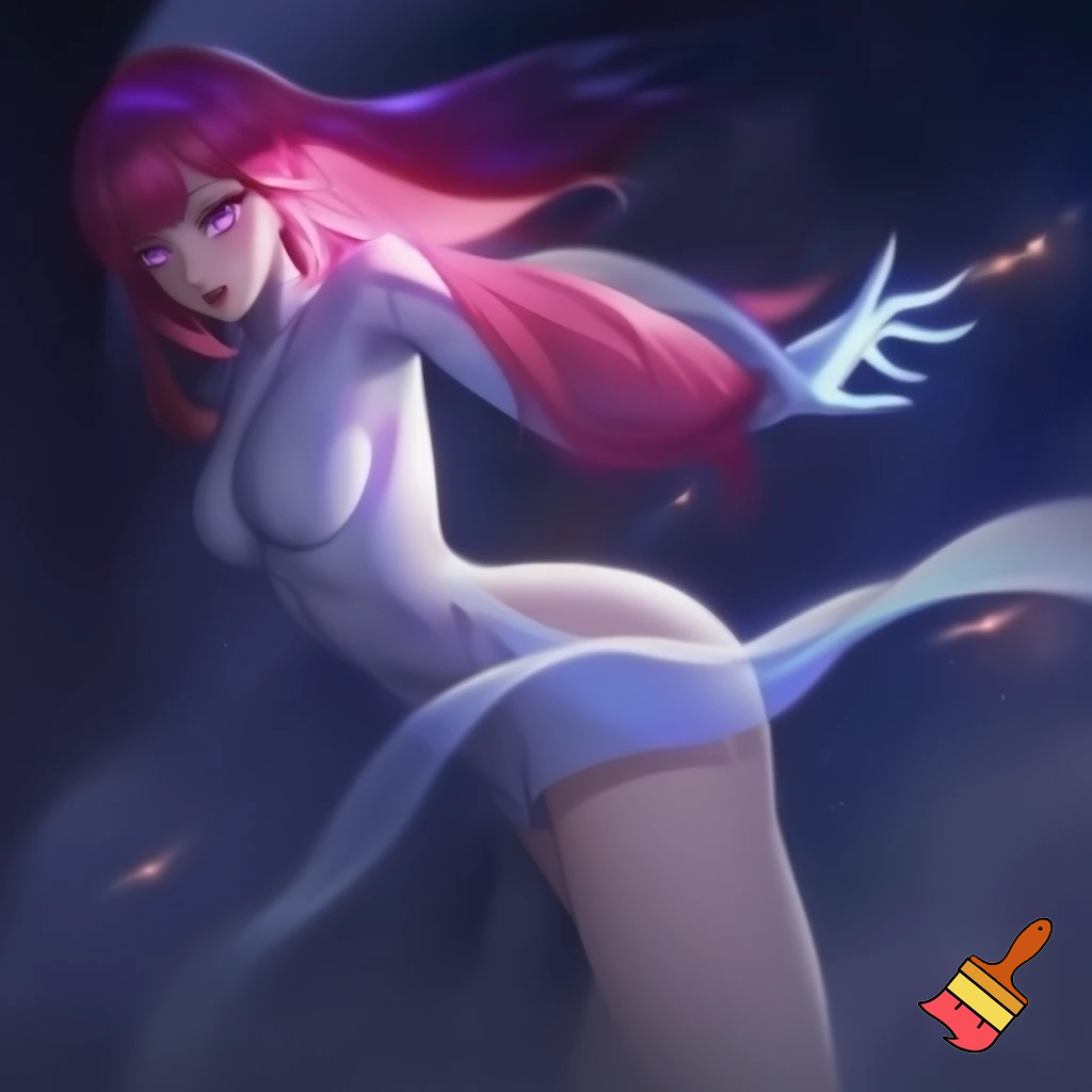 Anime  girl with long pink hair, curves, ghost outfit, glowing eyes