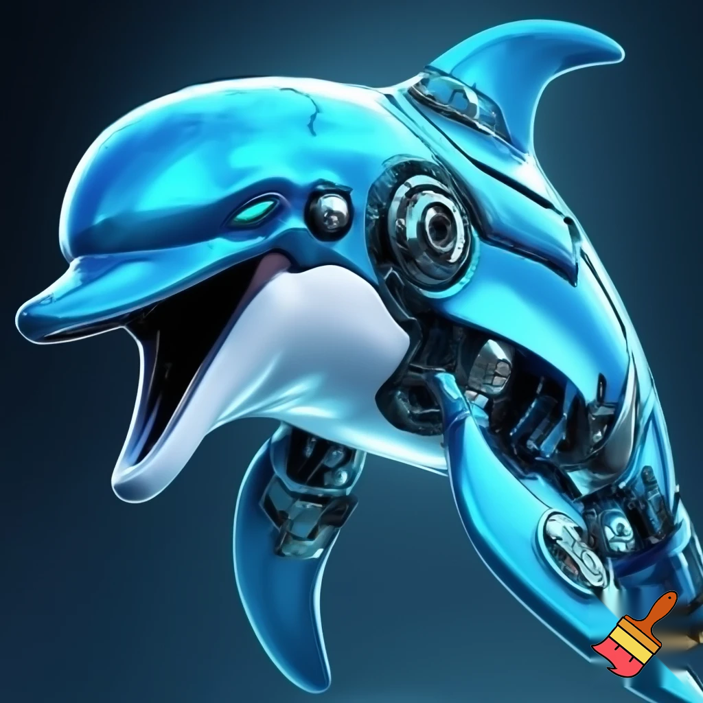 A detailed illustration of a robotic, mechanical dolphin with a sleek, streamlined body predominantly in shades of blue and white. The dolphin has a prominent, expressive face with a slightly aggressive or determined look, featuring narrowed, teal-colored eyes. The body includes metallic elements, such as circular joints and mechanical parts, especially around the fins and tail. The dorsal fin is sharp and angular, positioned on the back, and the pectoral fins are streamlined, extending from the sides. The mouth is open in a wide, enthusiastic expression, revealing a dark interior. The overall style is a blend of cartoonish and futuristic robotic design, inspired by video game or animated series aesthetics.