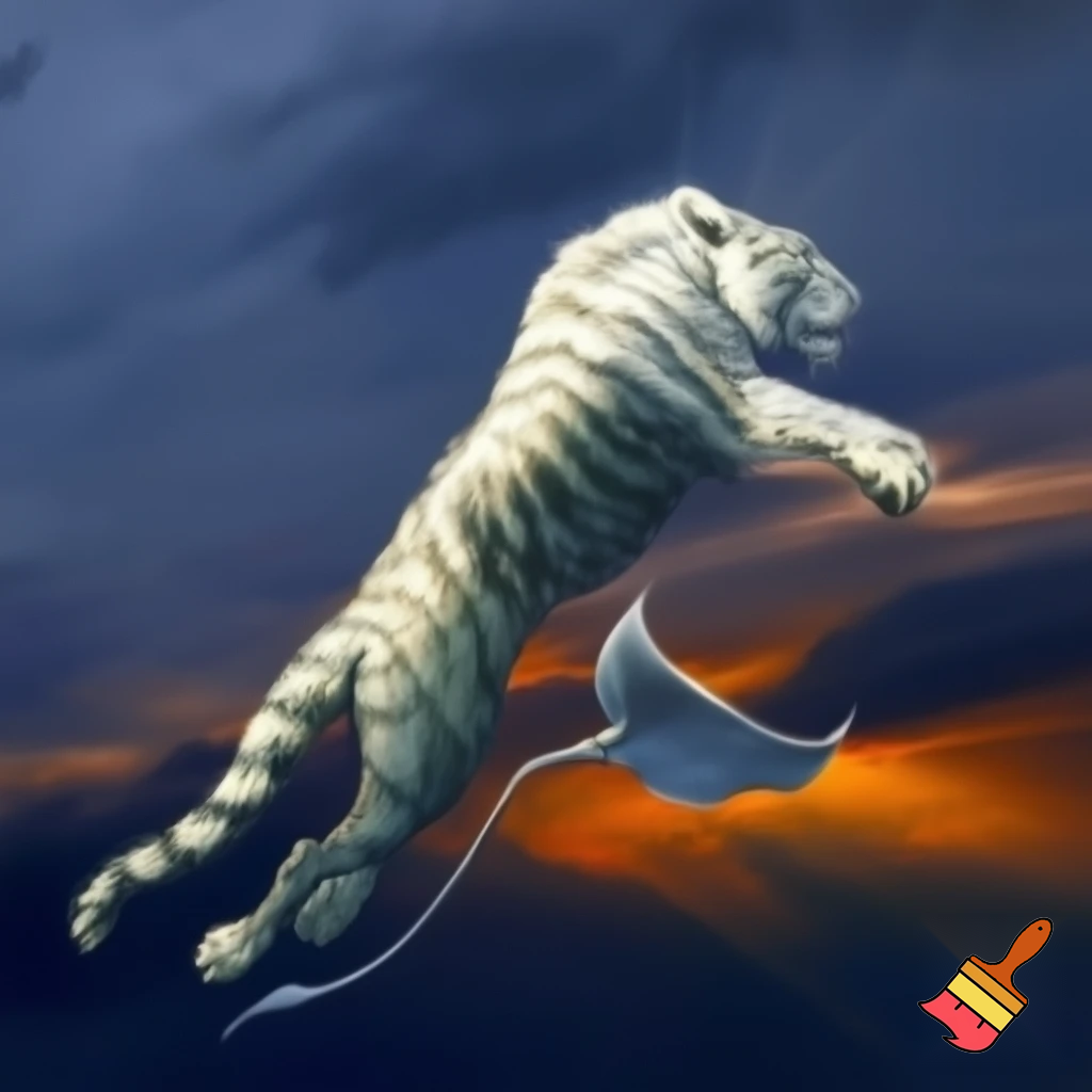 Half sting ray half komodo Dragon flying half white tiger
