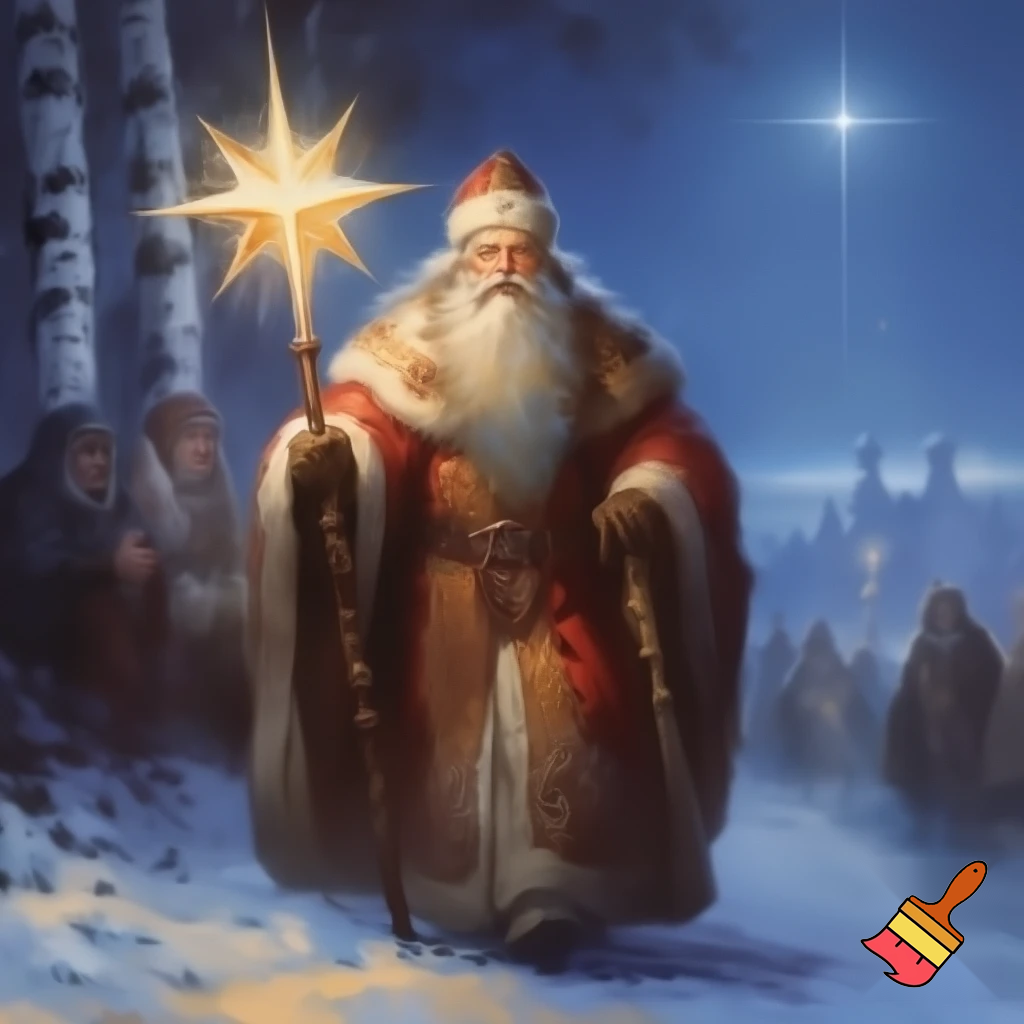 Russia, Santa Claus walking sticks star real Santa Claus people