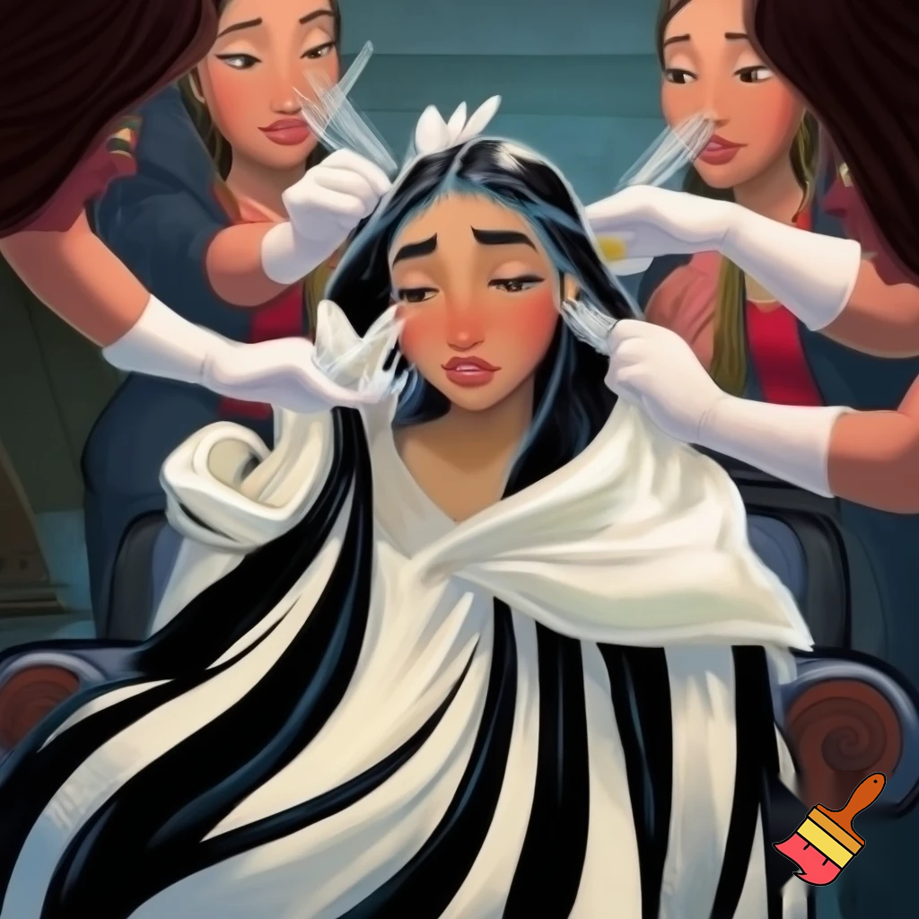 A saddened Princess Jasmine closes her eyes as her slicked-back loose black hair is being sparkling bleached by four hairdressers with gloved hands, combs, and hair dye brushes at the royal hair salon. She’s entirely wrapped around above her chin in a gigantic black-striped white barber cape and a large white towel around her shoulders while sitting in a barber chair with a large salon mirror showing the back of her hair being sparkling bleached. 2000’s Disney art
