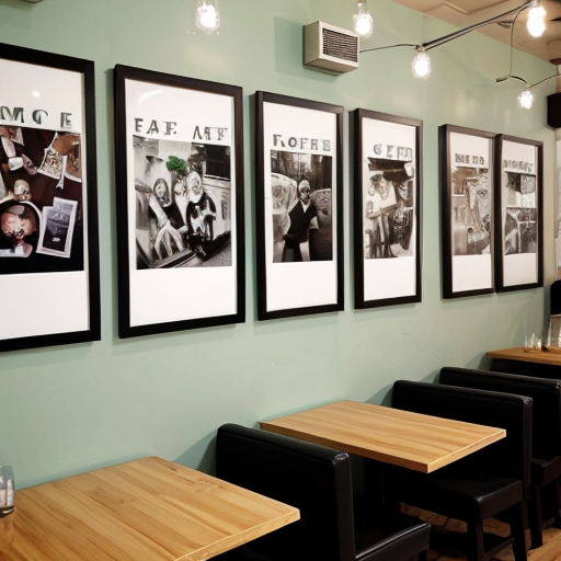 wall of cafe with lots of pictures and decorations