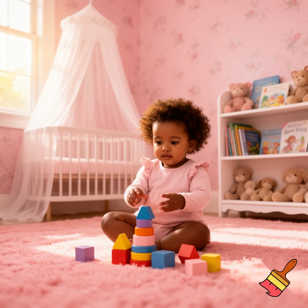 create a one year old black girl with dark brown curly hair in a pink baby room 