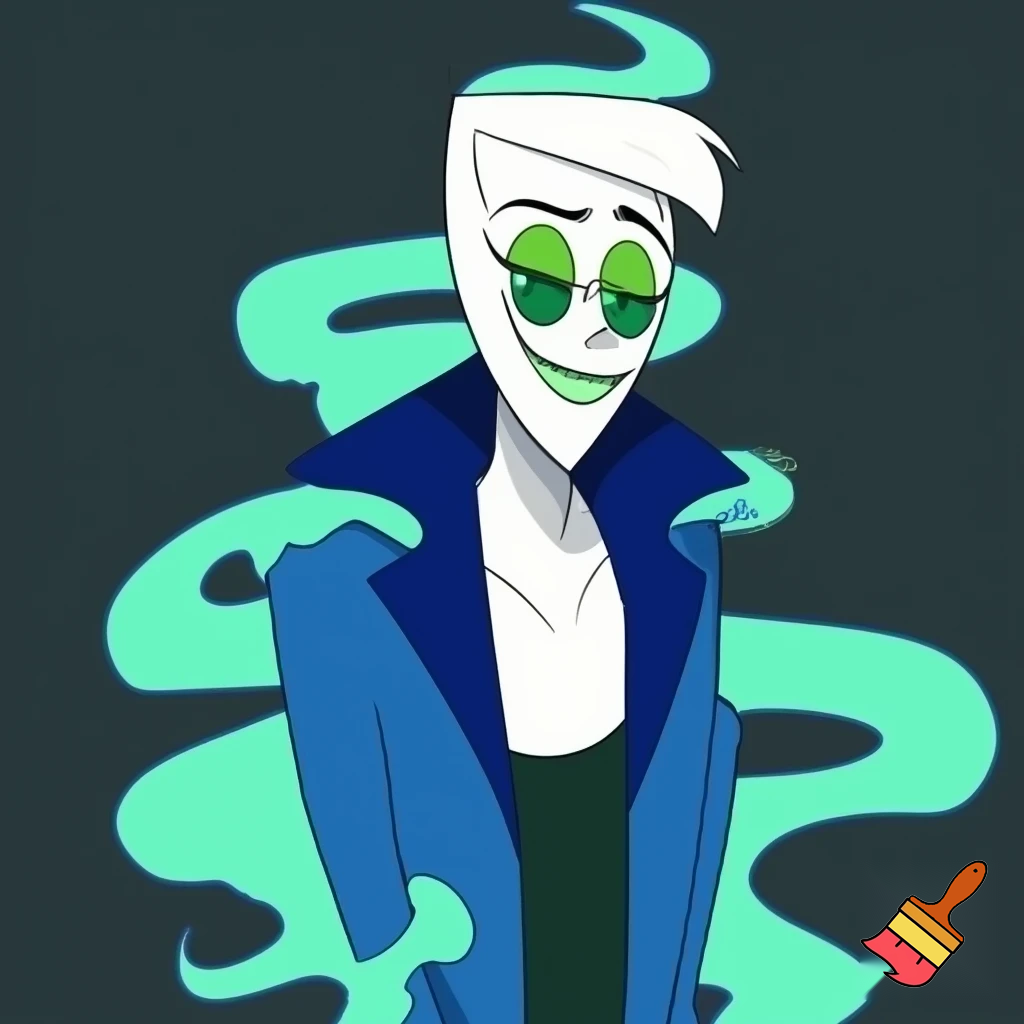 A tall, lean pale man with white hair, green eyes and distinctive round bra glasses In cartoonish art style of hazbin hotel wearing his signature blue overcoat and smoke curling around him