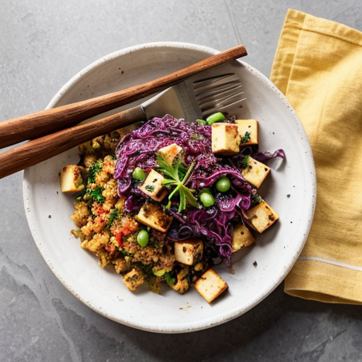 Create a realistic cookbook style photo of the finished dish:
Tofu and Red Cabbage Crunch Bowl
The dish is fully plated and ready to serve.
Style:
modern healthy cookbook photography
natural daylight
editorial food photography
clean minimal background
Composition:
The food is the main focus of the image.
Simple kitchen environment.
Fresh ingredients visible around the plate.
Camera variation (important):
Use a different angle from previous images such as:
top view
45 degree angle
close up plating
side angle
slightly elevated perspective
Keep the lighting style consistent across all images.
Make the food look fresh, vibrant and realistic.
VARIAZIONE AUTOMATICA DELLE INQUADRATURE
Per evitare immagini duplicate, alterna automaticamente:
camera angle
top view
45 degree angle
slightly elevated angle
side plating angle
close up texture shot
camera distance
wide food composition
medium shot
macro texture detail
surface variation
light wood table
white marble surface
stone kitchen surface
prop variation minima
linen napkin
wooden spoon
small ingredient bowls
fresh herbs
Queste variazioni devono cambiare tra le immagini ma mantenere lo stesso stile generale