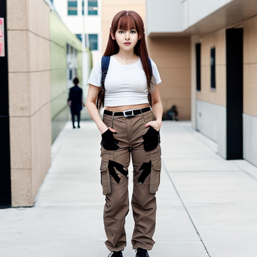 a anime girl with beige cargo pants on
