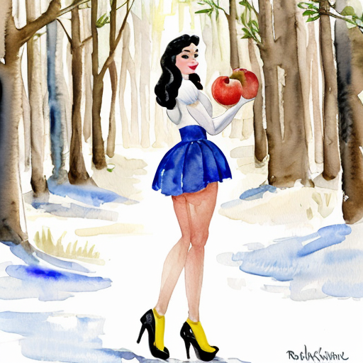 snow white standing in a forest holding an apple wearing her full costume with a short yellow miniskirt and re high heel shoes 
