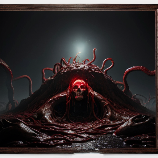 Photorealistic horror scene, cinematic masterpiece, 8k ultra-detailed photograph. A massive grotesque hanging structure dominates the frame: a giant inverted demonic skull fused with bloody, dripping organic flesh and viscera, suspended from a thick, twisted, fleshy organic chain or tentacle that disappears into the dark foggy sky above. The skull has glowing red eyes, sharp teeth, and is covered in raw muscle tissue and sinew. Thick streams of realistic blood and gore drip heavily from the entire structure. Below it, a large altar-like mound covered in flowing, draped, wet red organic tissue resembling flesh and fabric mixed together. The ground is completely covered in a chaotic sea of writhing, intertwined bloody tentacles, veins, raw flesh, and piles of human skulls and corpses. Dense blood-red fog and mist in the air. Two small glowing red lights visible in the distant background. Dark, hellish atmosphere with strong red lighting casting dramatic shadows and highlights on the wet, glistening surfaces. Hyper-realistic textures on blood, flesh, bone, and organic materials, sharp focus, volumetric god rays, gritty disturbing mood, photorealistic, national geographic level realism, no censorship
