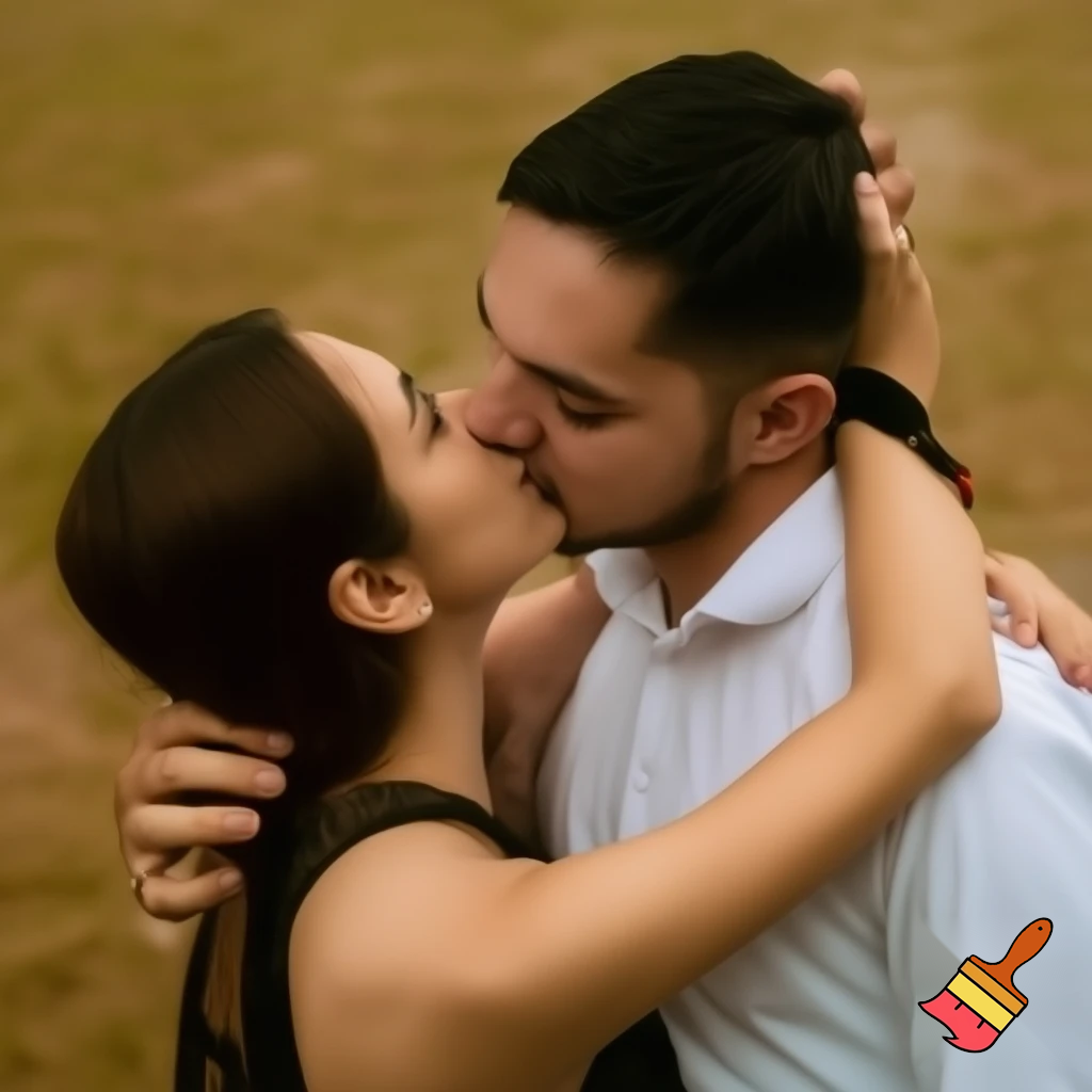 A women kissing lips here man the women is without drees
