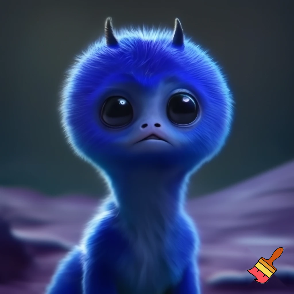 An alien with blue fur, large round head, 4 eyes, 2 legs, and 2 black horns