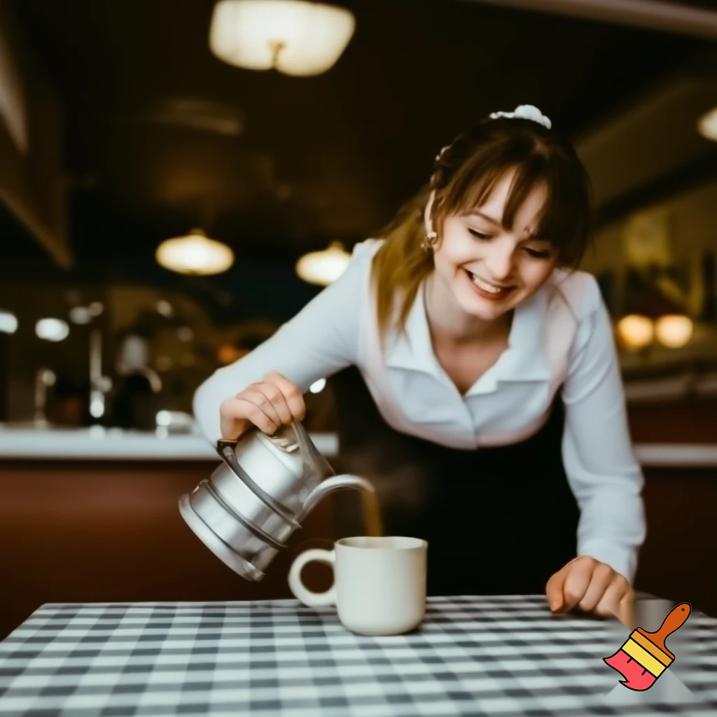 A small roadside diner. A beautiful waitress leans over to pour coffee into a customer's cup at a table. The waitress smiles. Photorealistic. 9x16