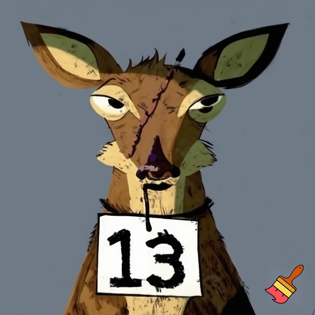 a mug shot deer criminal with a straight face with scars with a  number board looking cartoon
