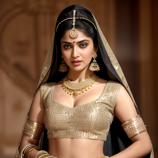 young woman, Bollywood retro style, wearing an elaborate traditional Indian dance costume. She has a highly embellished, fitted choli (blouse) that is cropped, revealing her midriff. The choli is a rich, warm golden-orange color, heavily adorned with intricate sequin work, beadwork, and embroidery, specifically featuring small, sparkling gold sequins creating a textured, shimmering effect across the entire surface. The sleeves are short, extending to just above the elbow, and are also fully embellished.
​She is wearing a matching, equally ornate lehenga (skirt), though only the top portion is visible. It has a visible gold border or waistband and appears to be made of a similar rich fabric with gold embellishments.
​Her head is covered with a dupatta/veil that is intricately draped and pinned, likely in a matching or complementary color, perhaps orange or red, with gold accents.
​She wears a distinctive and elaborate headpiece (maang tikka and matha patti) consisting of multiple strands of pearls or beads that frame her face and forehead, culminating in a central pendant. She has large, multi-layered gold necklaces and prominent earrings, typical of classical Indian jewelry. Her arms are adorned with gold bangles and possibly an armlet. The overall aesthetic is opulent, glittering, and designed for dynamic movement, reminiscent of classic Bollywood dance sequences from the 1980s