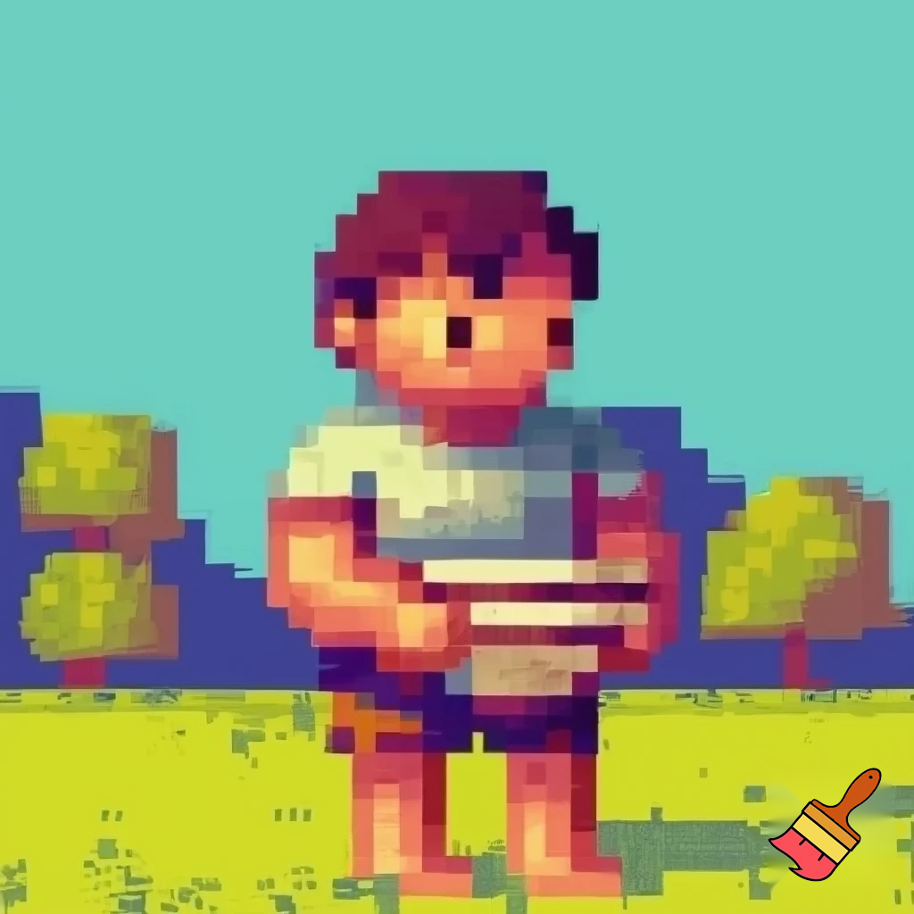 a boy holding a bowl pixel 2d
