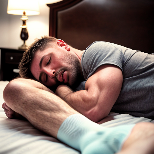 A photo of a European father with a muscular build. He is lying on a bed wearing socks and a shirt. His son is lying between his legs and is kissing his father's sport 🩲. The father is asleep.