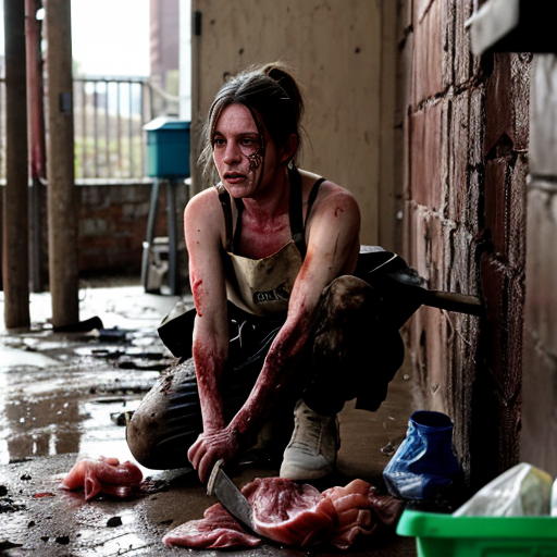 Photorealistic cinematic photograph of a grim, filthy urban back alley scene at dusk. A muscular, sweaty man in his 40s with dark messy hair tied back, wearing a blood-stained red tank top and apron, stands behind a makeshift wooden table. He is aggressively chopping raw meat and body parts with a cleaver on the bloody table, surrounded by plastic bags full of meat and gore.

Under the table in the shadows, two completely naked, dirty, malnourished women are crouched in the trash. The woman on the left has long disheveled brown hair, sits with legs apart, looking exhausted and broken. The woman on the right has shorter hair, crouches hugging her knees, looking scared. Both are covered in dirt, grime, and bruises.

The ground is covered in garbage, broken concrete, puddles, and trash bags. A rusty green dumpster and a brown bin are visible. Crumbling brick walls with peeling paint and a dirty window in the background. Extremely detailed, gritty texture, cinematic lighting with harsh shadows, hyperrealistic, documentary style, raw and disturbing atmosphere, 8k photorealism, sharp focus, natural color grading with desaturated tones and strong reds from the blood and apron.
