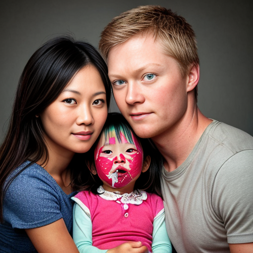 can you make a photo of a family of three thats not asian I have blonde hair and blue eyes im the wife
